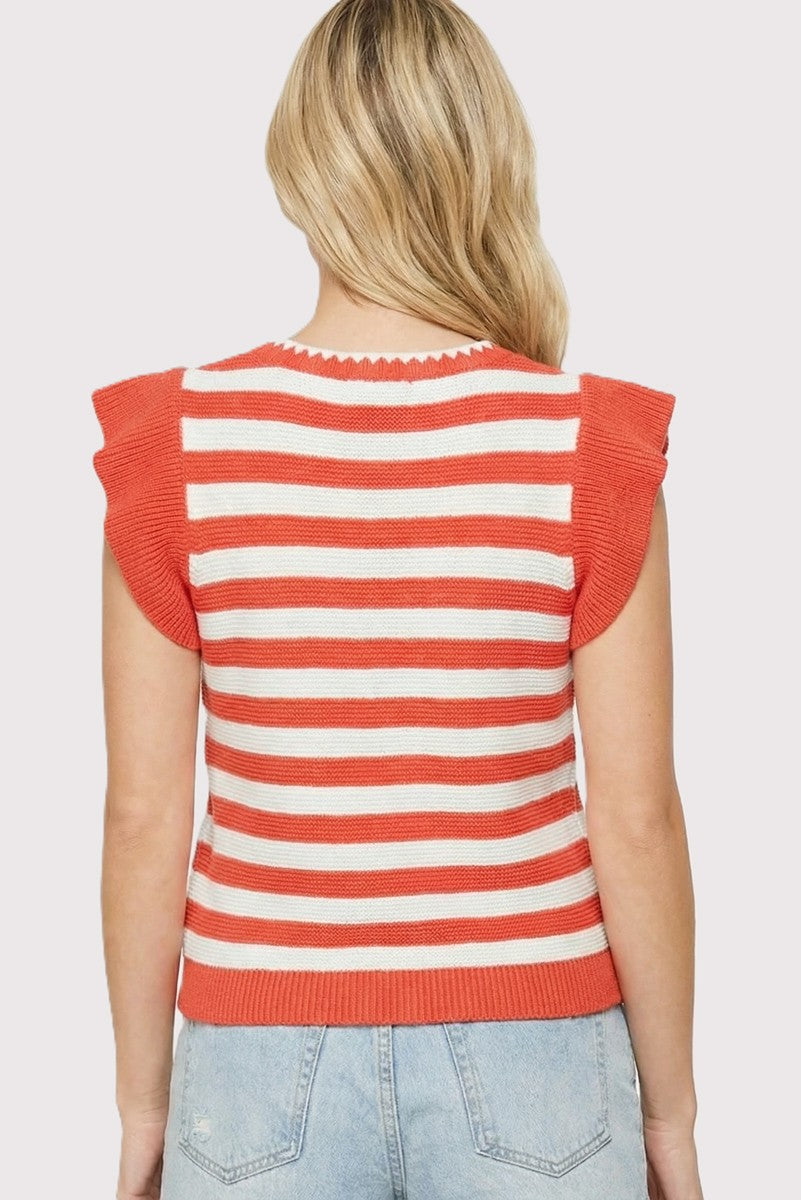 Orange Stripe Sleeveless Ruffle Sweater