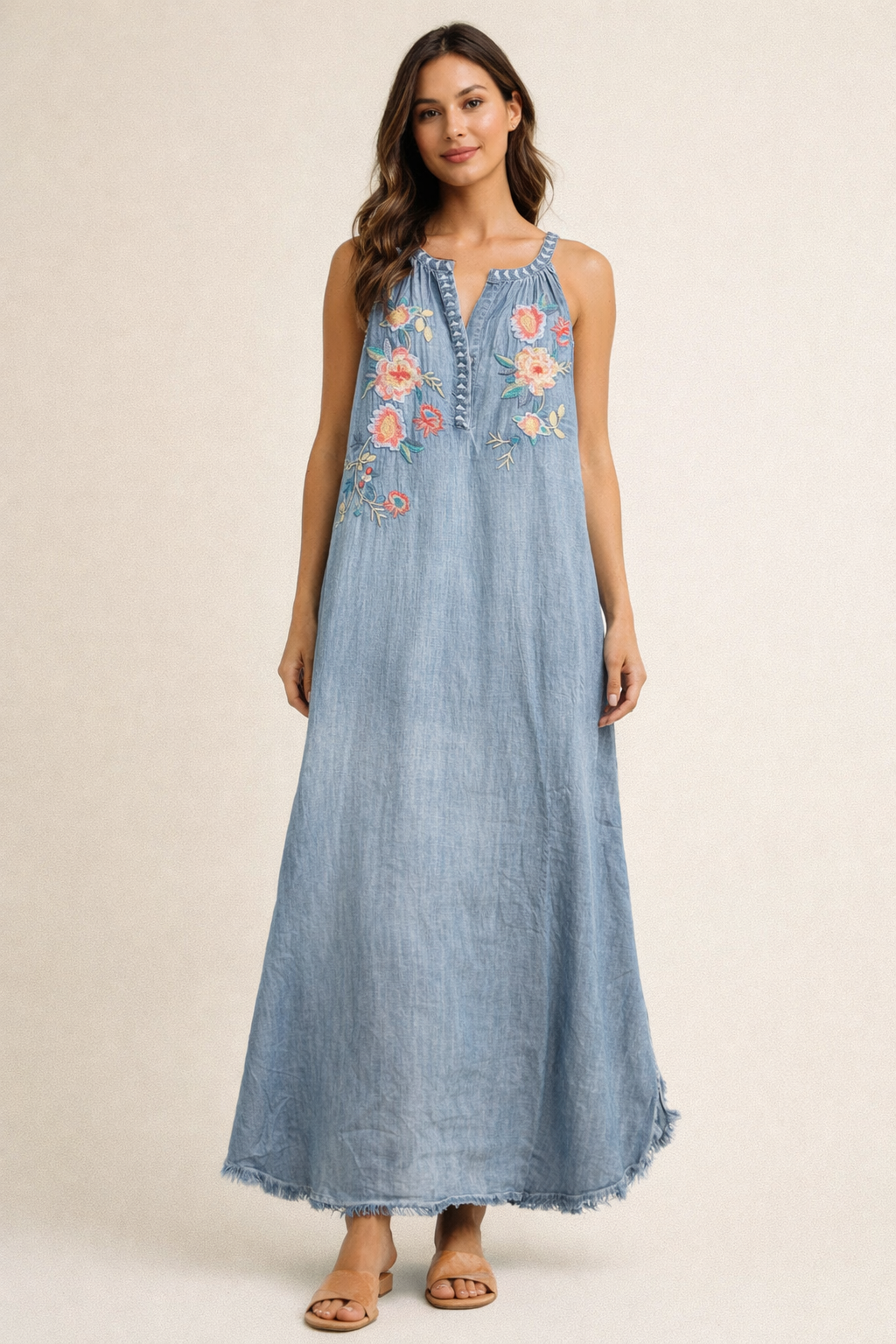 Chambray Embroidered Sleeveless Maxi Dress