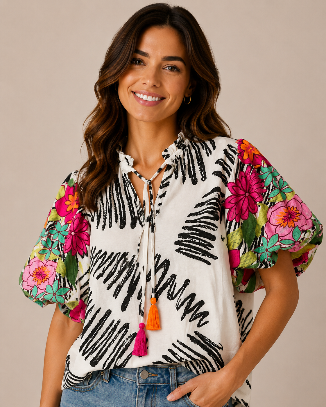 Black Bright Multi Puff Sleeve Top