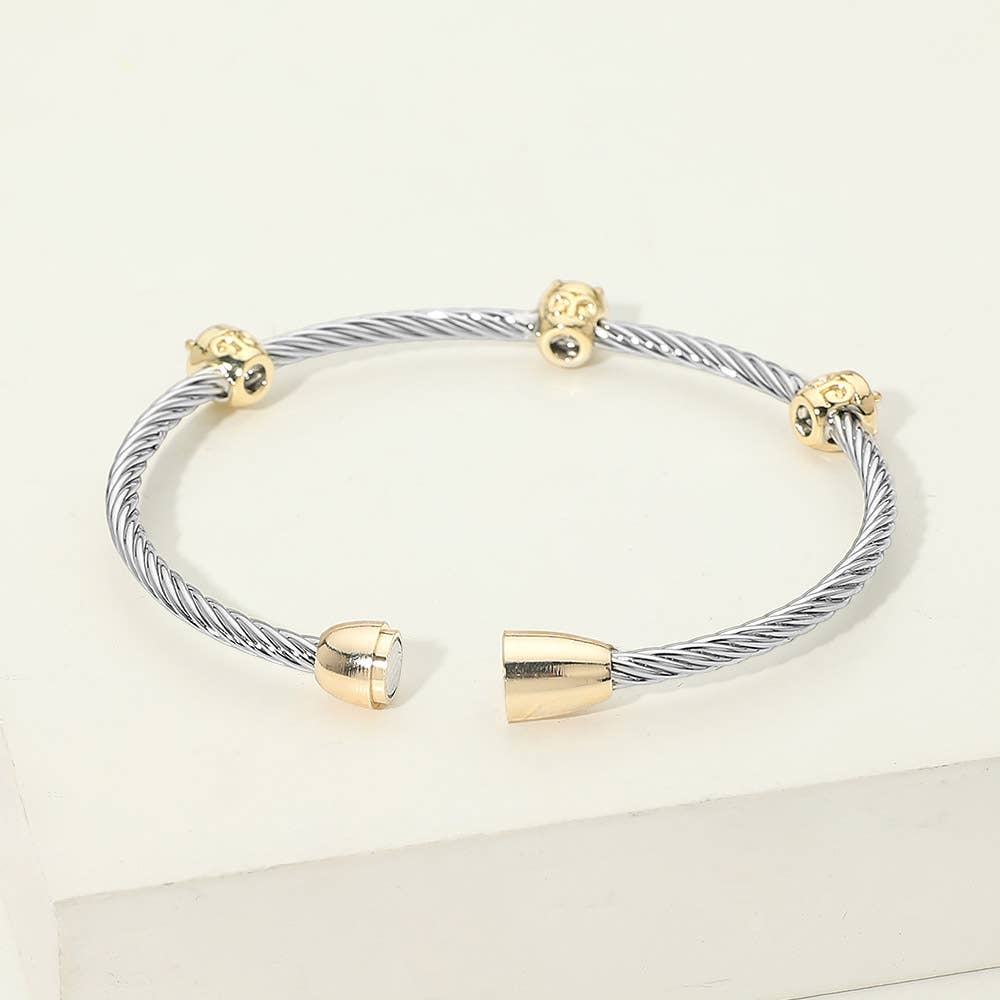 14K Gold Plated Triple CZ Bezel Accent Twisted Cable Magnetic Bangle Bracelet