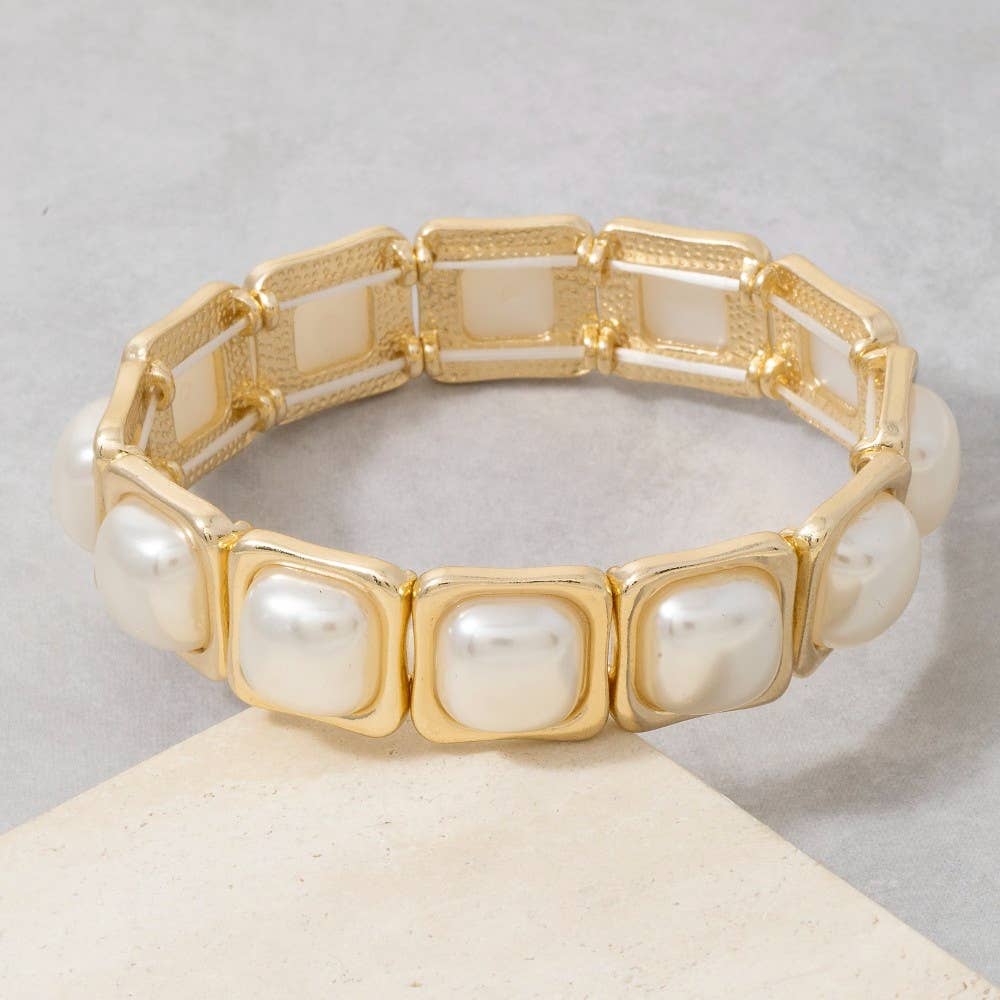 Gold Square Link Pearl Stretch Bracelet