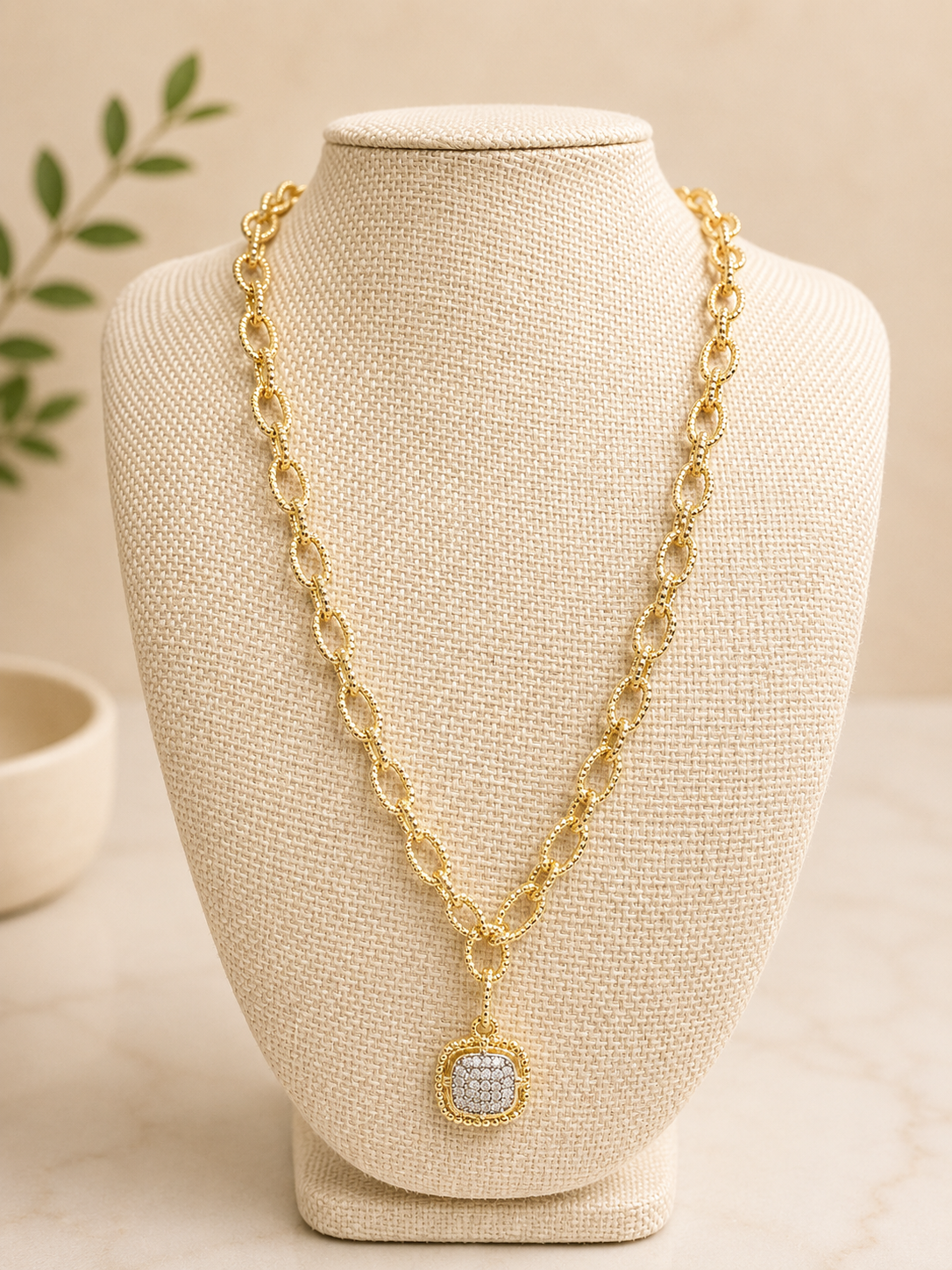Gold Link Chain Necklace with Pave Pendant