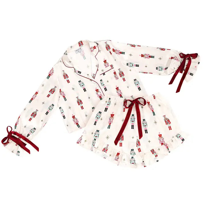 Ruffled Short Pj Set with Velvet Ties - Ivory + Nutcrackers