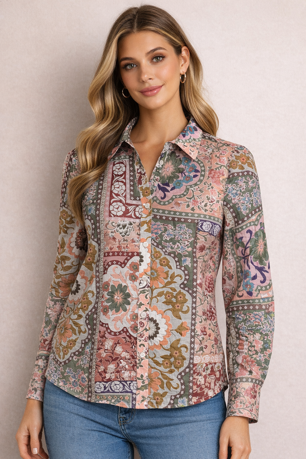 Pink Patch Print Button Up Top