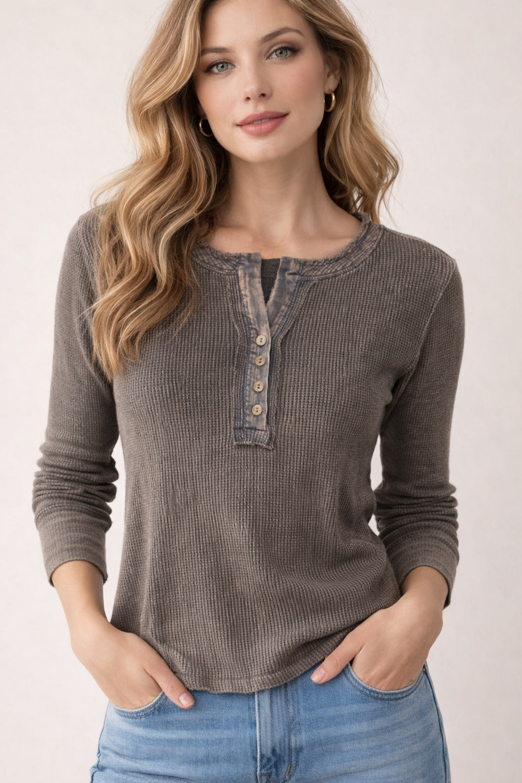 Mineral Washed Henley Thermal Top - Charcoal