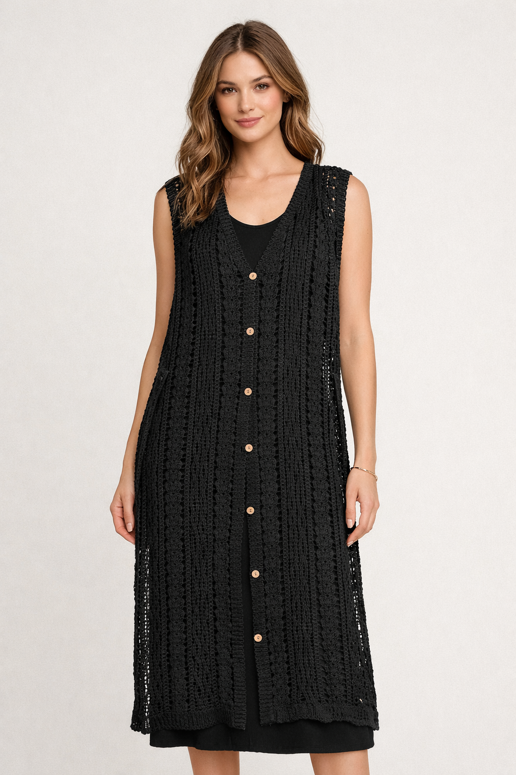 Black Sleeveless Button Down Crochet Long Cardigan — Accents Boutique, Marble Falls TX