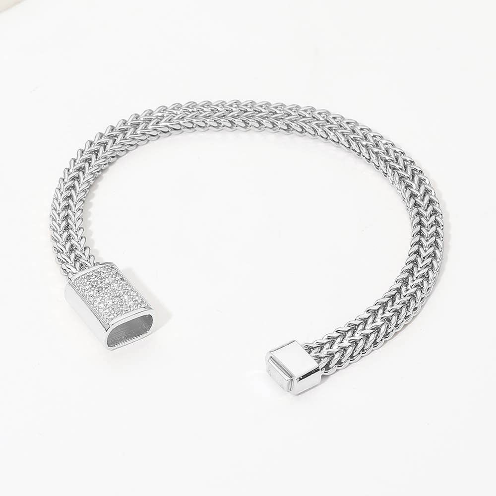 14K Gold Plated CZ Pave Clasp Accent Braided Mesh Magnetic Bracelet