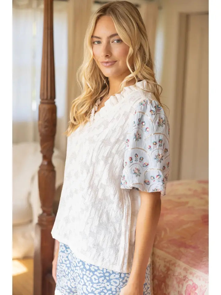 Cream Floral Embroidered Sequin Sleeve Ruffled V Neck Top