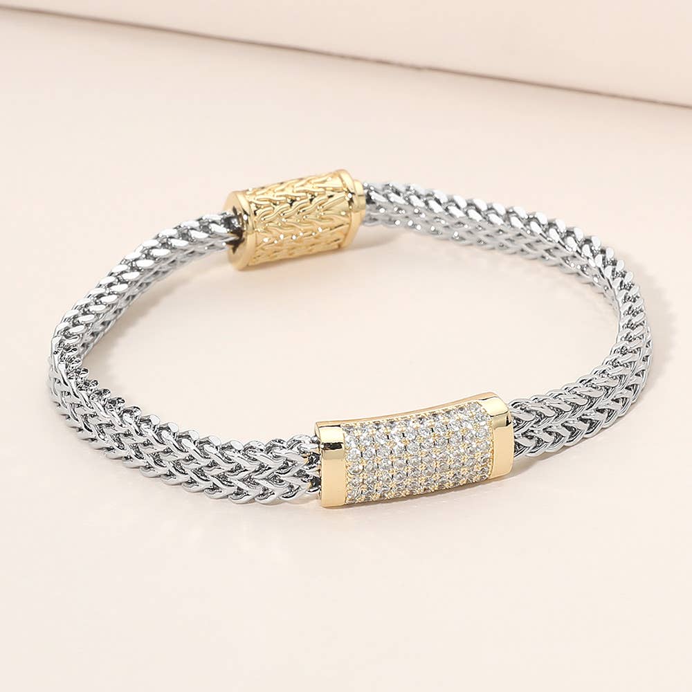 CZ Pave Bar Accent Textured Mesh Chain Magnetic Bracelet