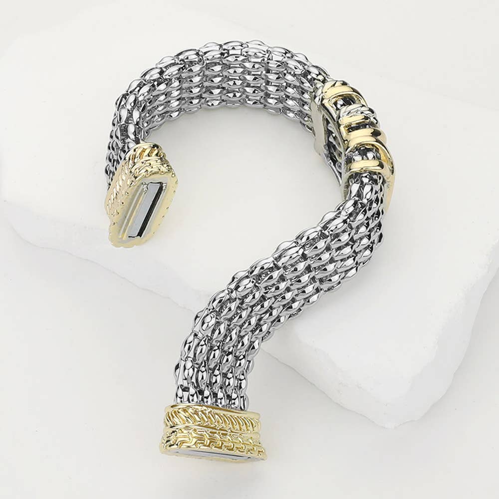14K Gold Plated Two Tone Crisscross Mesh Magnetic Bracelet