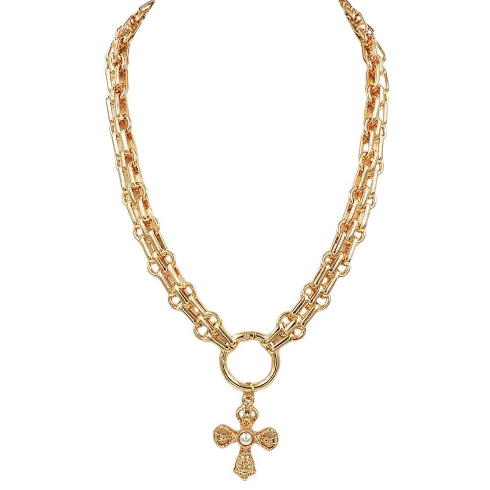 Pearl Cross Double Chain Necklace