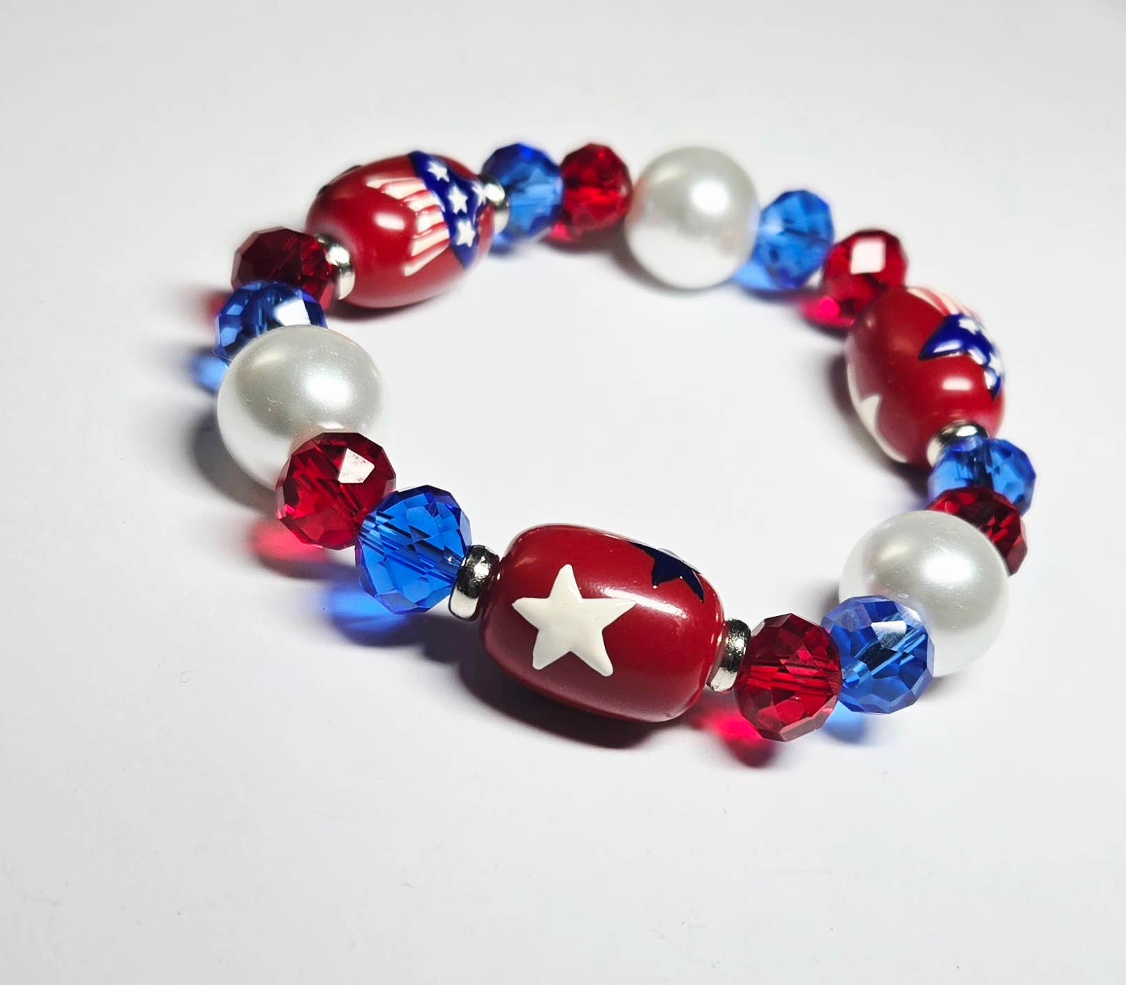 July 4th Star Red White Blue Beaded Stretch Bracelet
