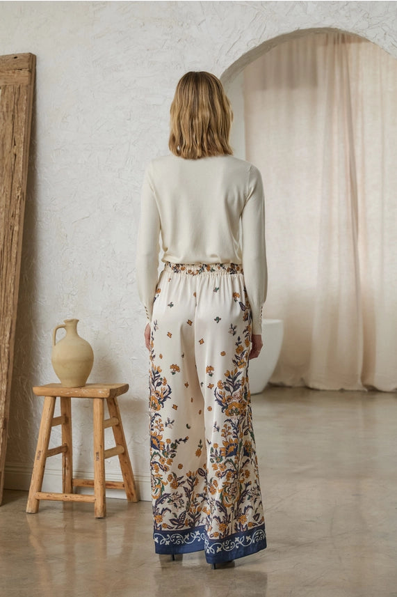 Floral Navy Border Print Satin Pants