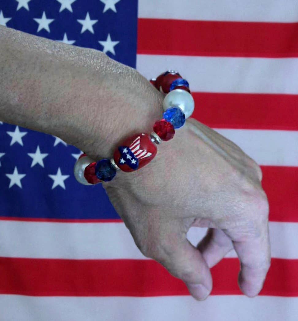 July 4th Star Red White Blue Beaded Stretch Bracelet