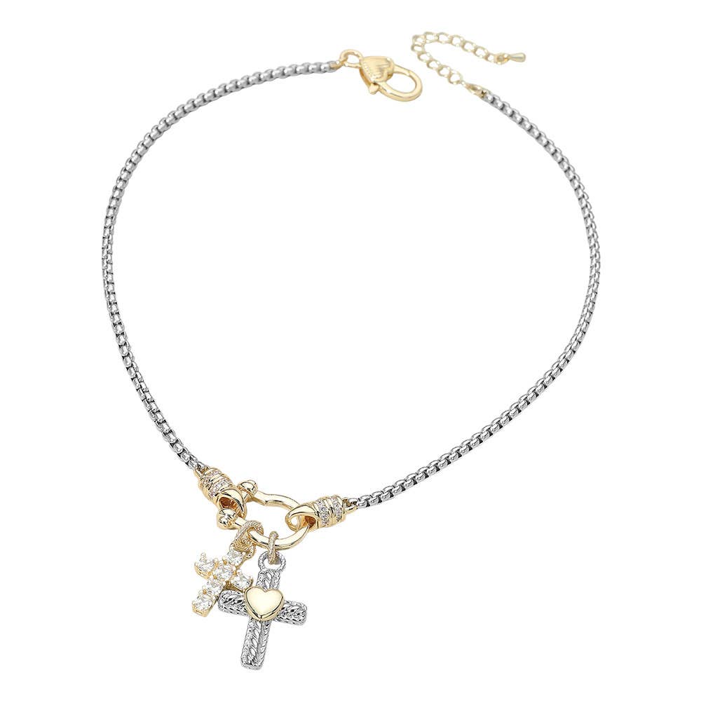 14K Gold Plated CZ Stone Cross Two Tone Heart Cross Horsebit Carabiner Charm Necklace