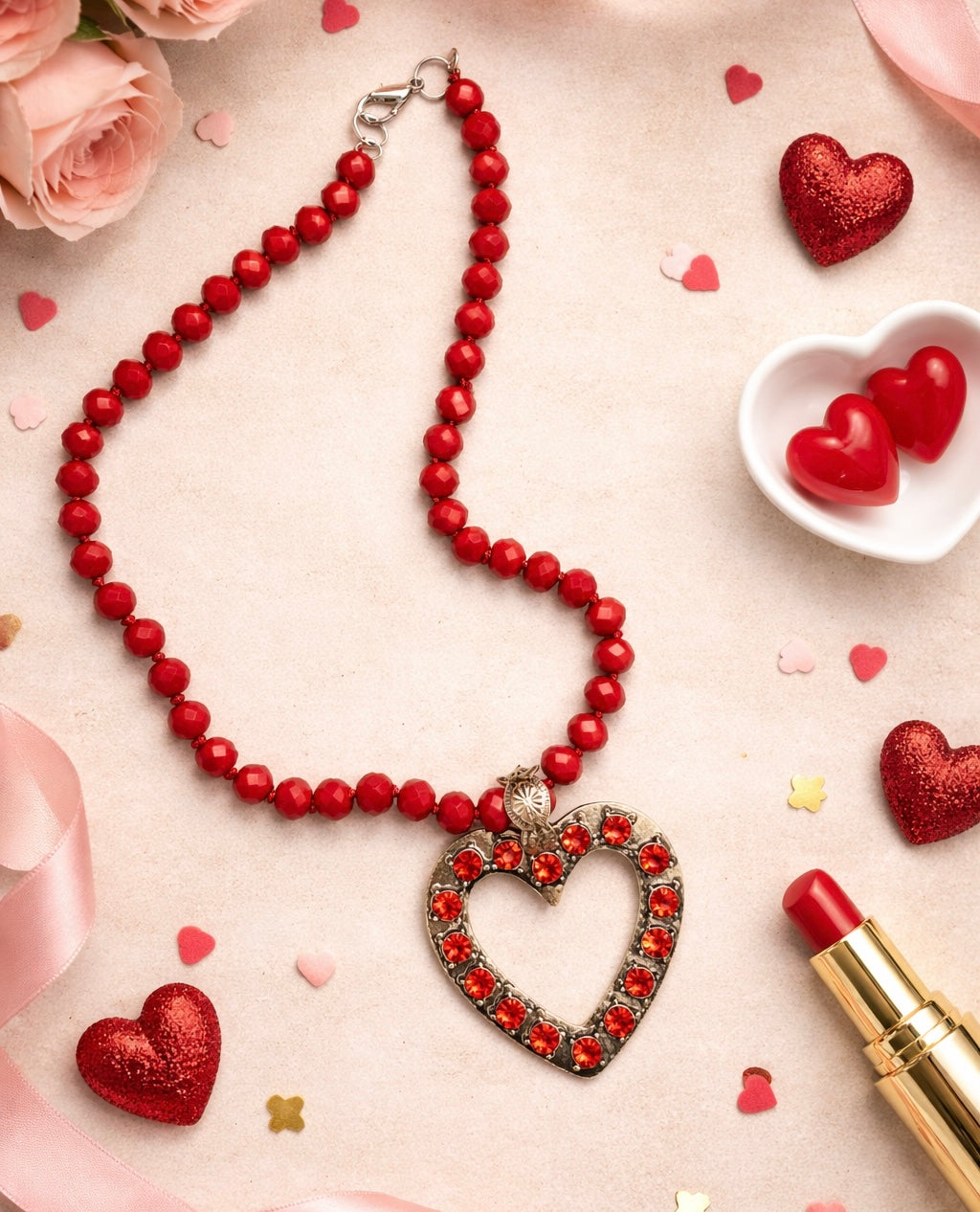 Red Bling Heart Beaded Necklace