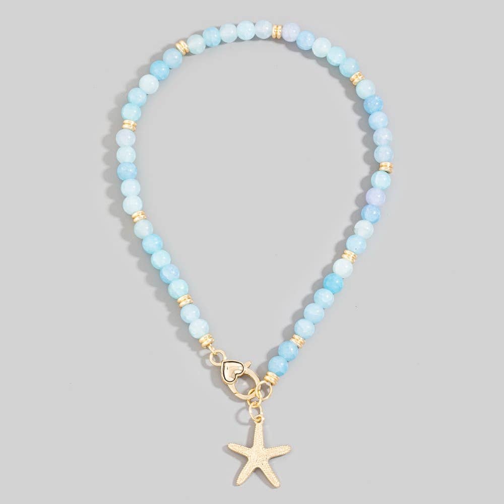 Blue Starfish Charm And Heart Clasp Glass Beaded Necklace