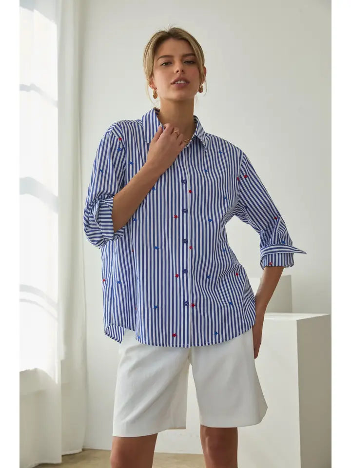 Star Embroidered Striped Button-Down Blouse