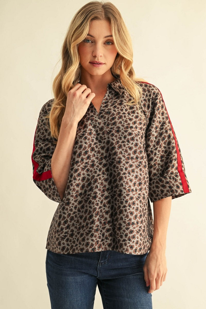 Contrast Sleeve Metallic Leopard Top