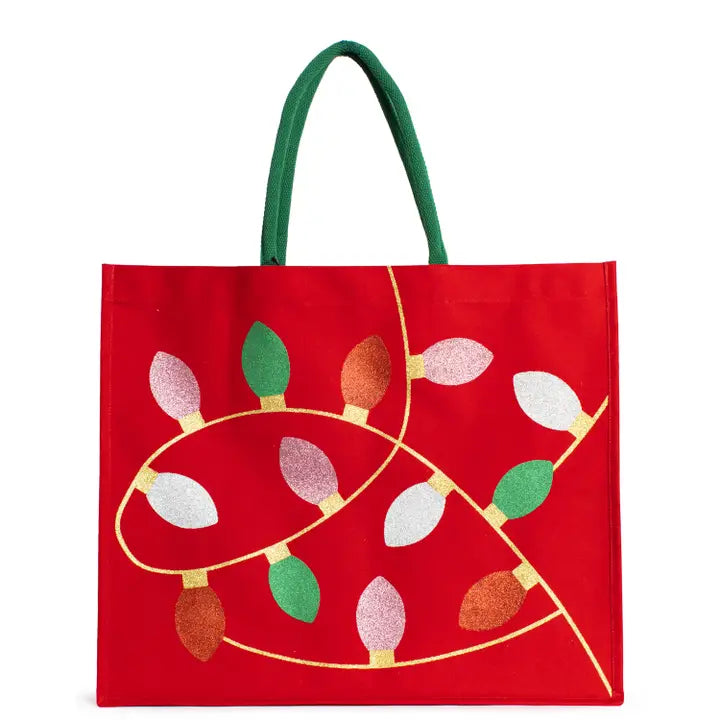 Light It Up carryall tote in red and multicolor holiday print