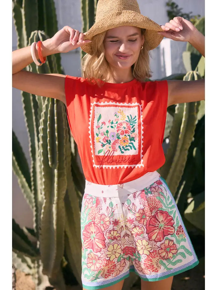 Red Flower Graphic Embroidered Tee