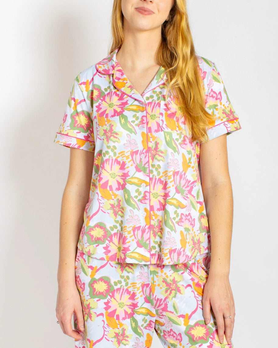 Summer Bouquet Short Sleeve Button Up Sleep Set Pink/Blue/Multi