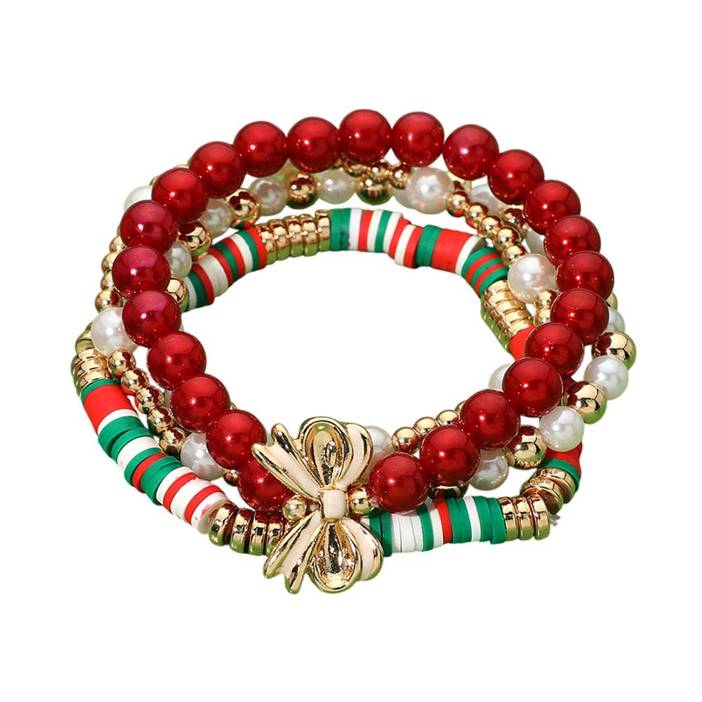 4PCS - Christmas Bow Pearl Heishi Beaded Stretch Multi Layered Bracelets
