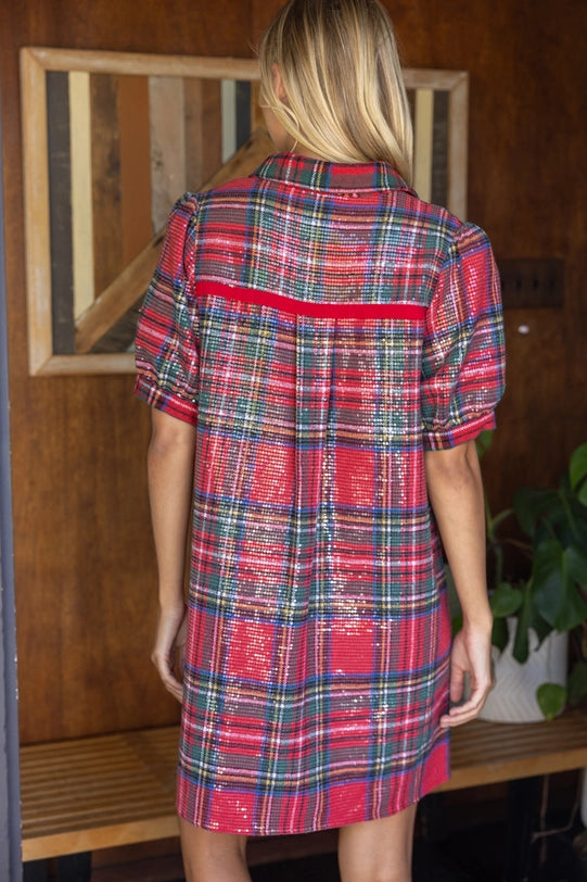 Red Collared Button Down Plaid Sequins Dress