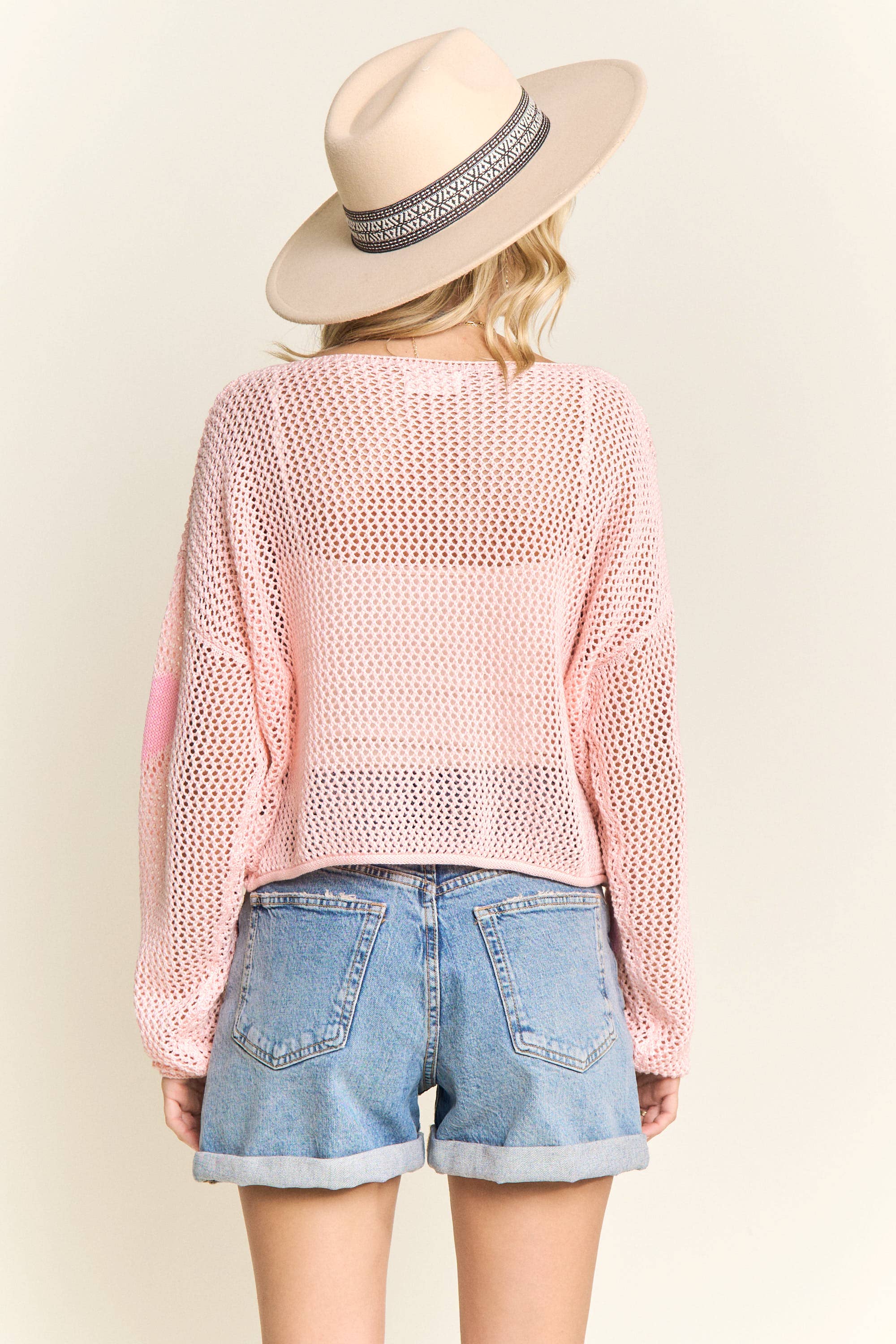 LESW4237-LOOSE KNIT MESH SWEATER HEART PATTERN