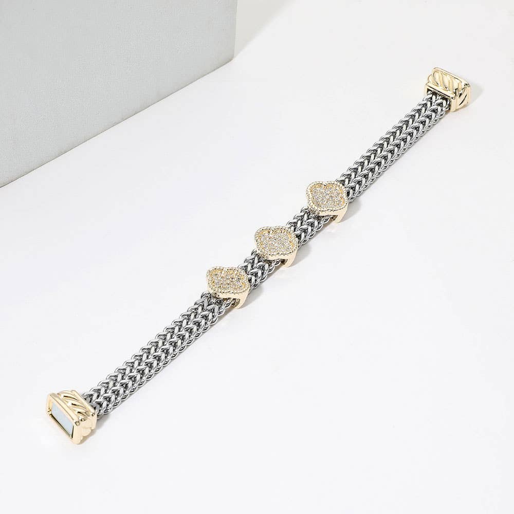 14K Gold Plated Two Tone CZ Pave Triple Quatrefoil Accent Woven Band Magnetic Bracelet