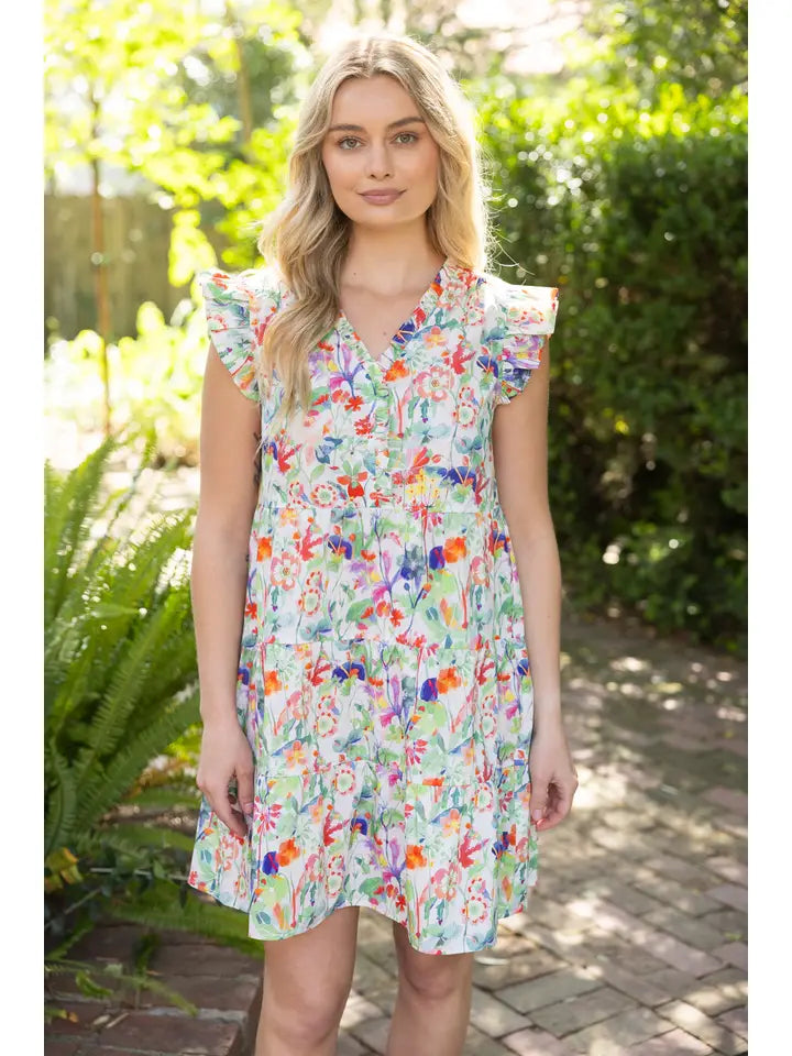 Multi Ruffle Details Tiered Floral Dress