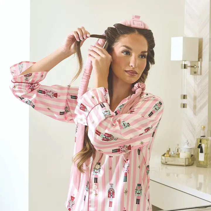 Ruffled Pj Set with Velvet Tie - Pink Stripes + Nutcrackers