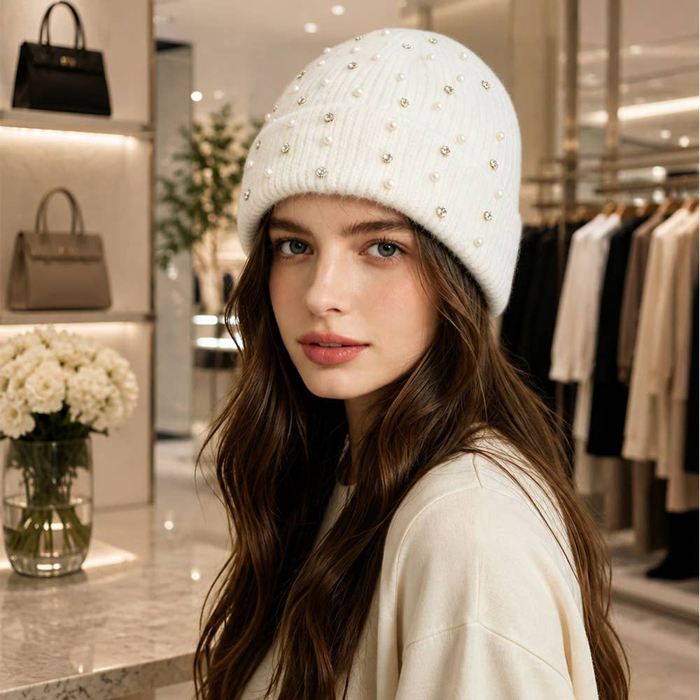Rhinestone Pearl & Crystal Cuffed Beanie