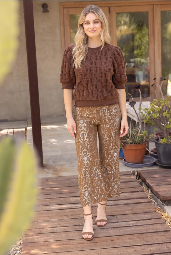 Brown Ruffled Band Puff Sleeve Cable Knit Top
