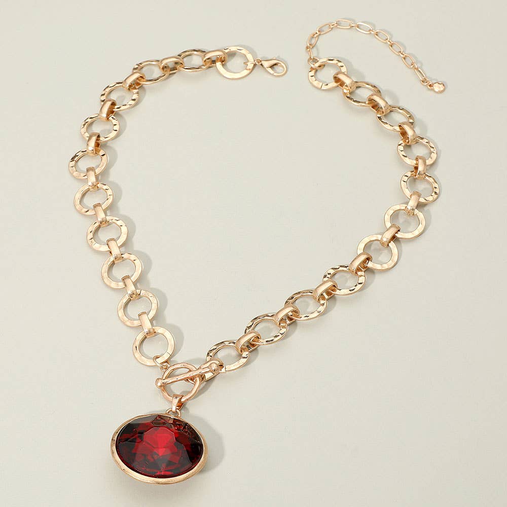 Bold Oval Gemstone Pendant Brushed Metal Chunky Chain Toggle Necklace