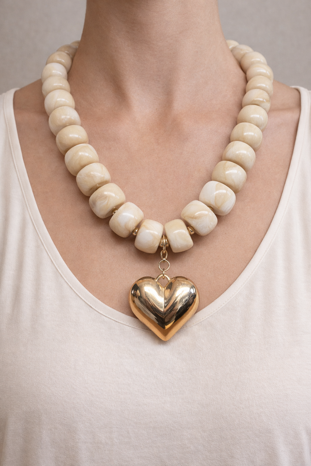 Beige Resin Puffy Heart Necklace