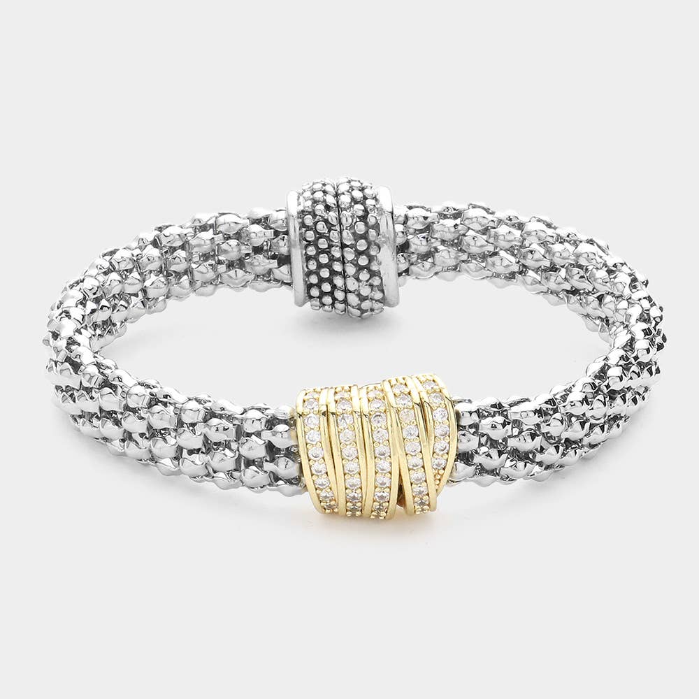 14K Gold Plated CZ Paved Charm Mesh Metal Magnetic Bracelet