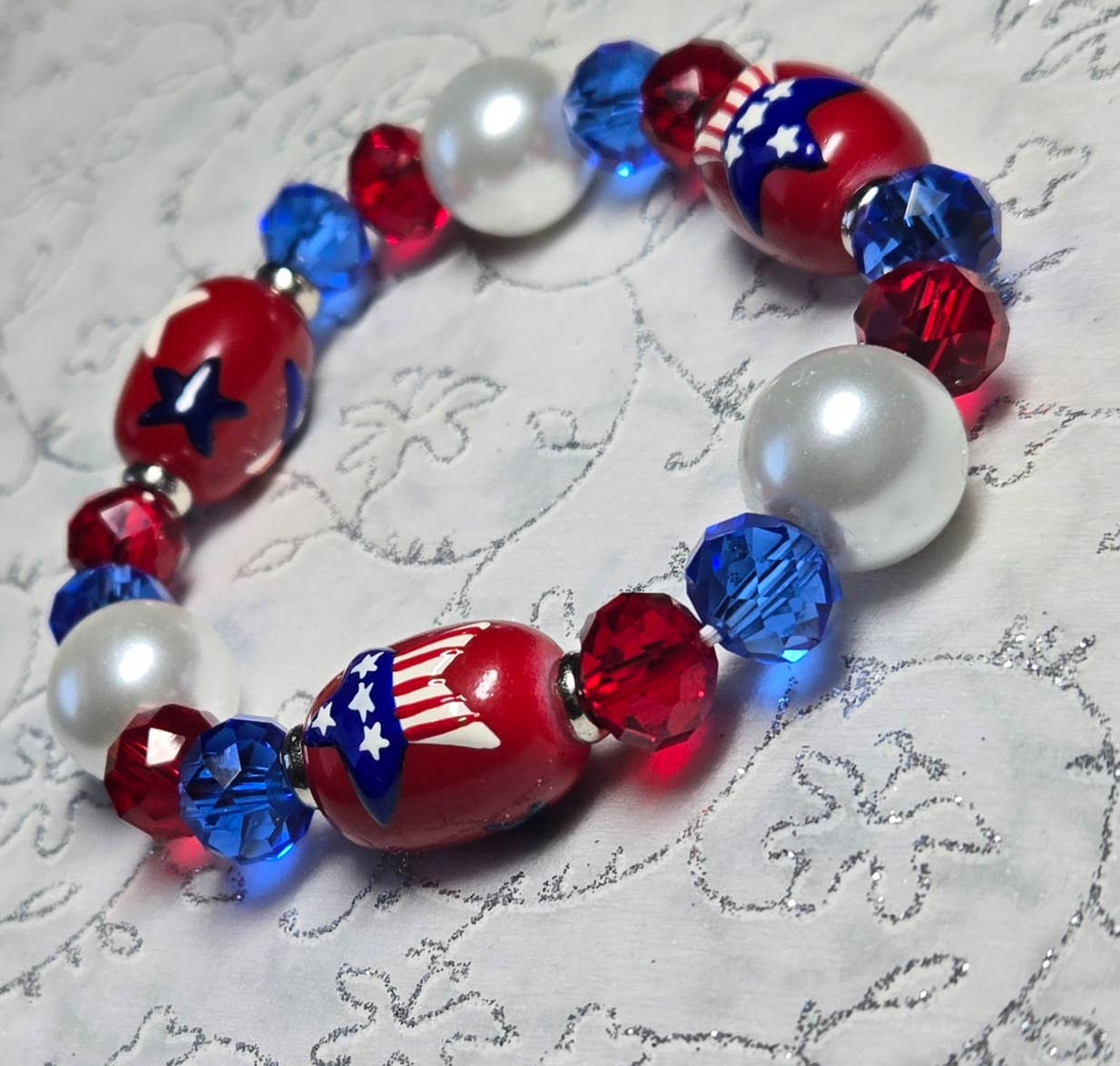 July 4th Star Red White Blue Beaded Stretch Bracelet