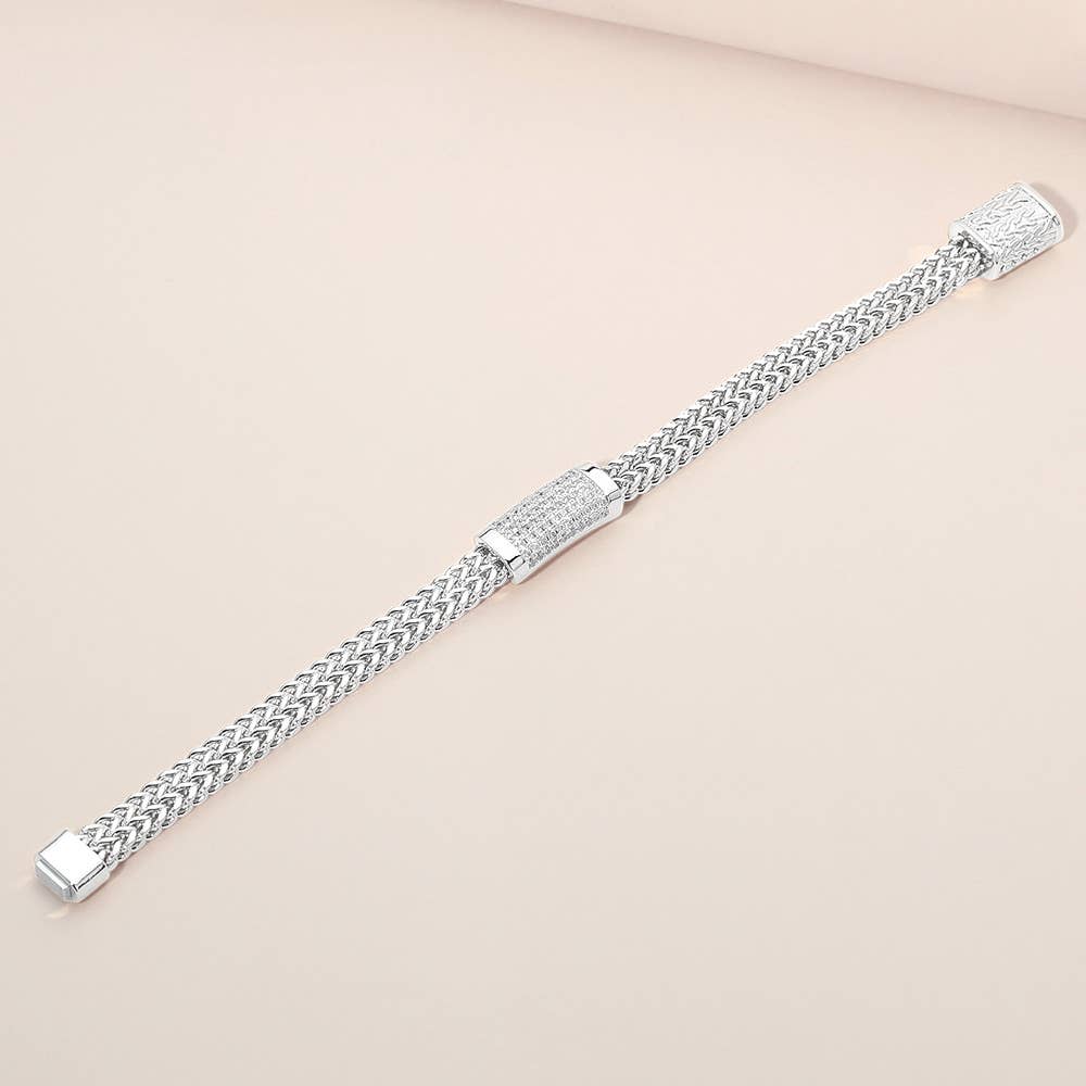 CZ Pave Bar Accent Textured Mesh Chain Magnetic Bracelet
