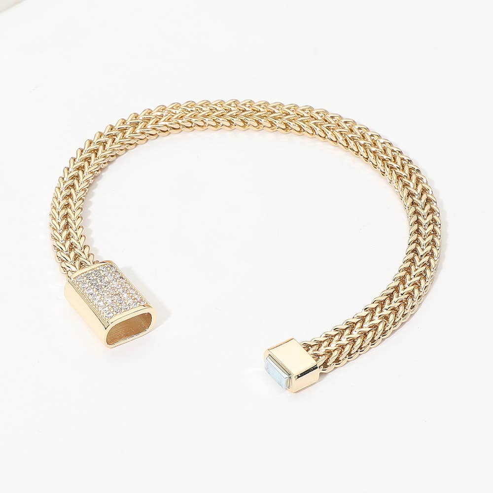14K Gold Plated CZ Pave Clasp Accent Braided Mesh Magnetic Bracelet