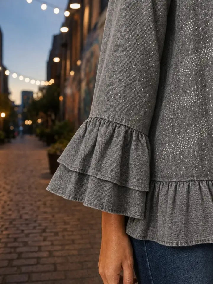 Tencel Rhinestone Ruffle Hem Denim Color Shirt Jacket