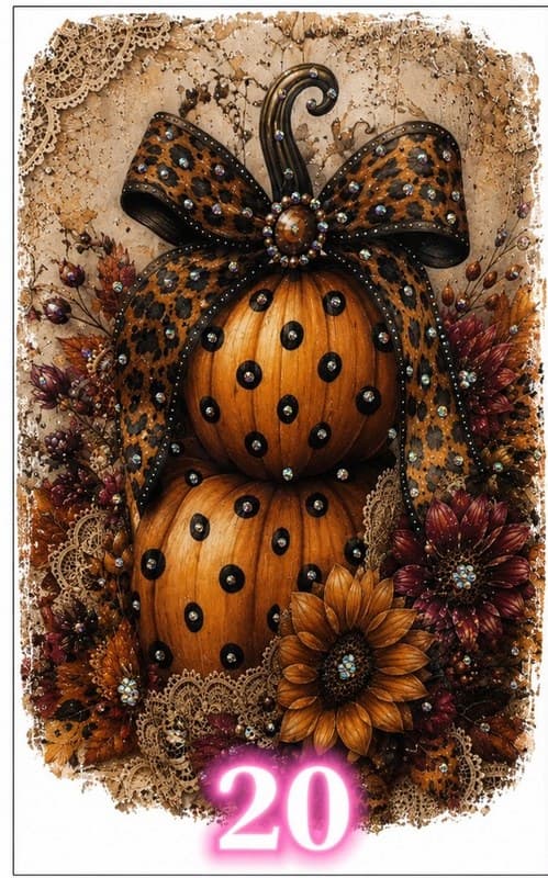 Bling tee design #20 — stacked polka-dot pumpkins with a leopard-print bow, sunflowers, and lace