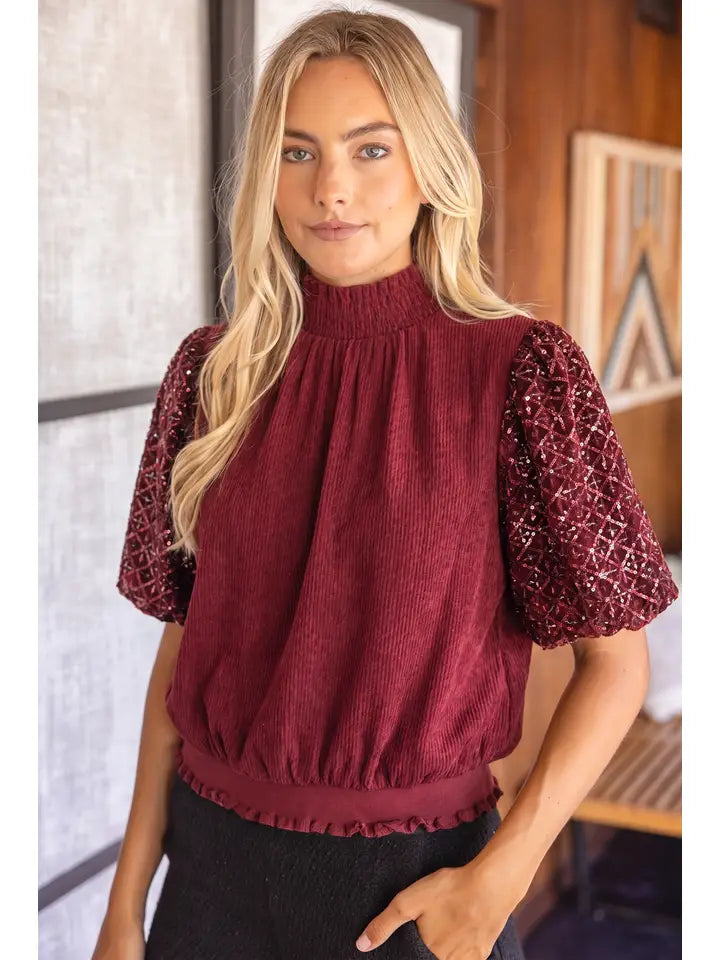 Burgundy Smocked Neck Sequins Bubble Sleeve Top