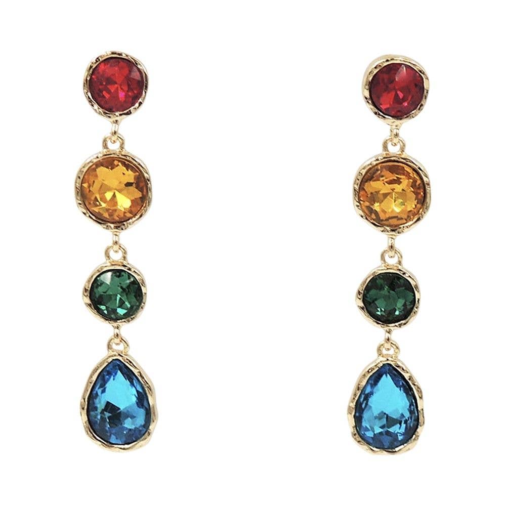 Linear dangle post earrings with multi shaped teardrop crystals
