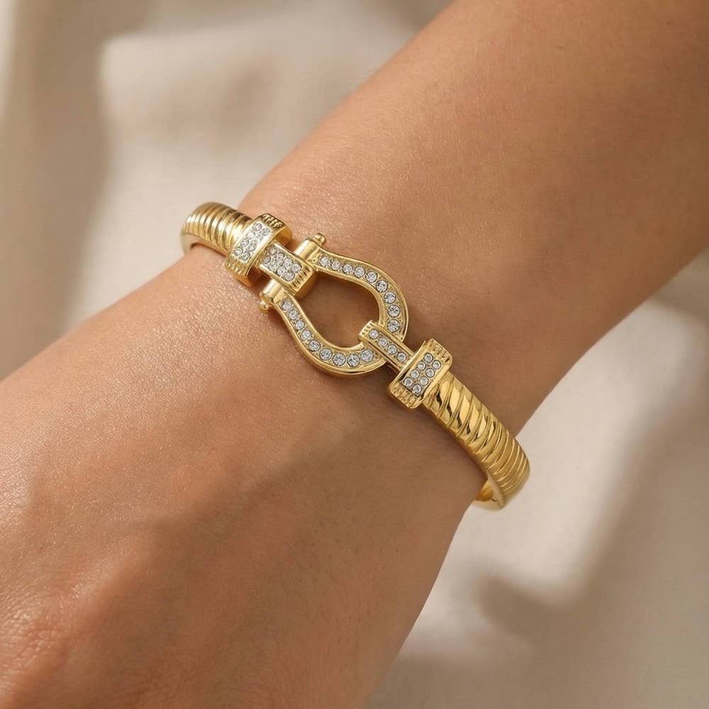 Stainless Steel Pave Horseshoe Bangle Bracelet