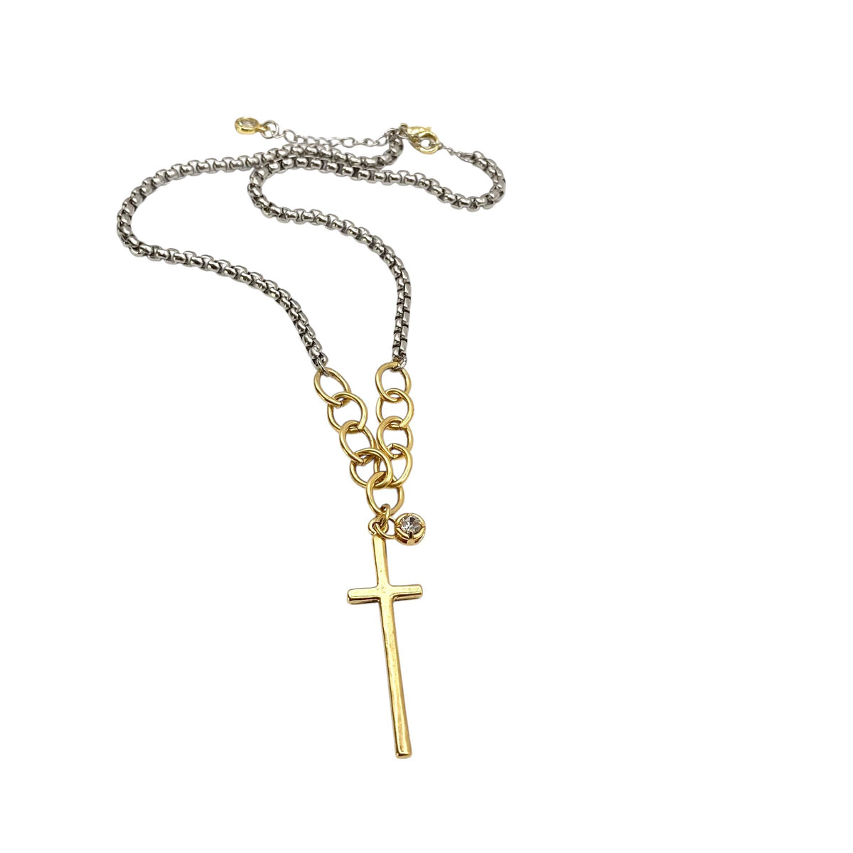 Mixed Metal Crystal Cross Necklace
