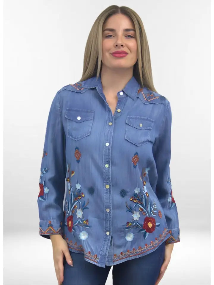 Olivia Shirt | Tencel Button-Up Shirt with Embroidery