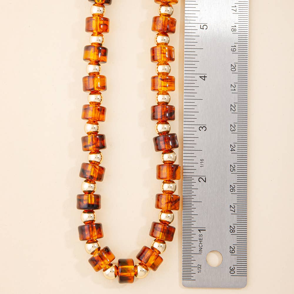 Tortoise & Gold Barrel Bead And Ball Bead Collar Necklace