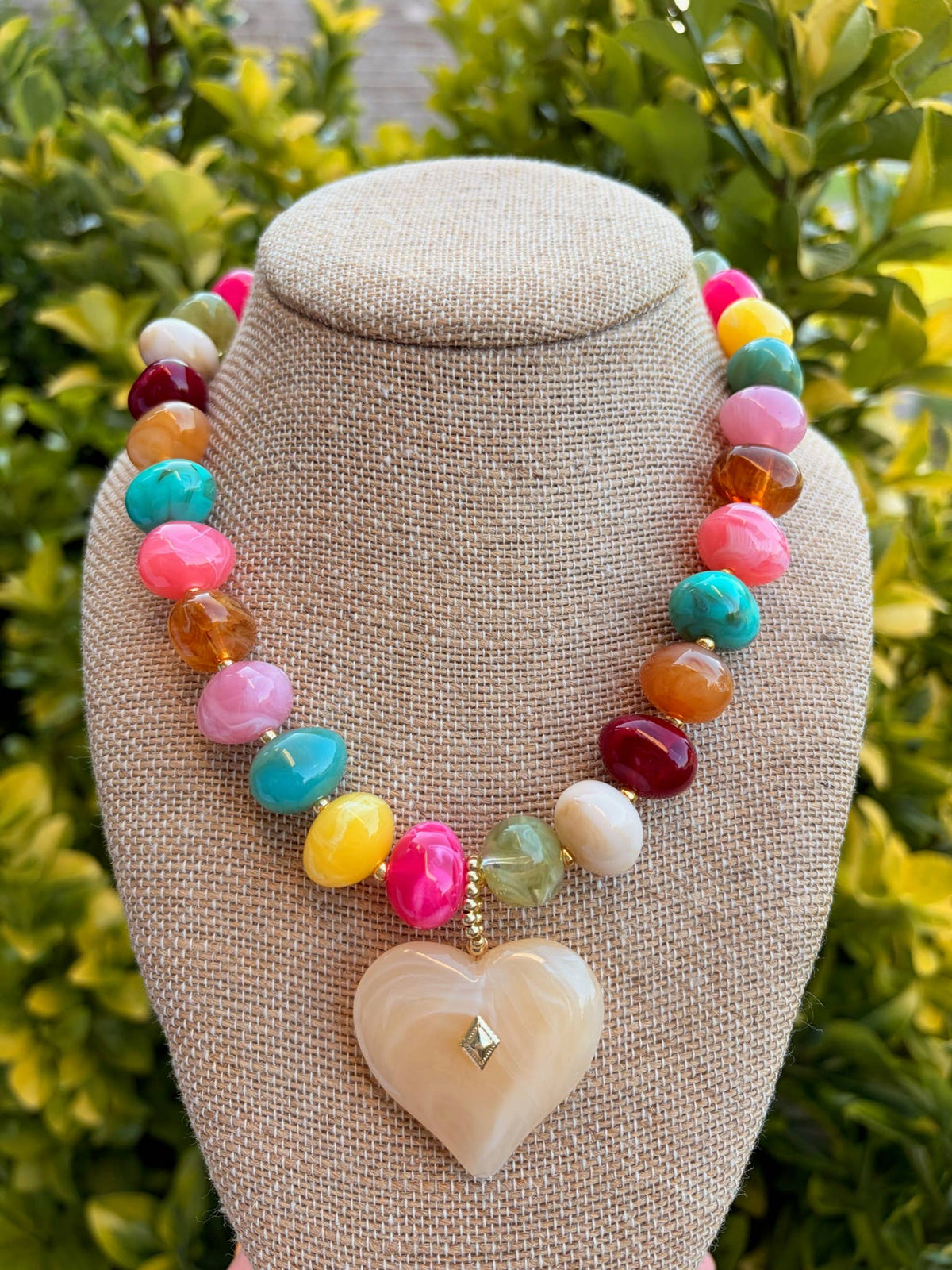 Multi Beaded Necklace with Neutral Heart Pendant