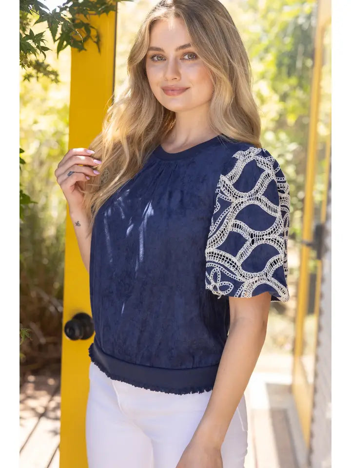 Navy Floral Eyelet Crochet Bubble Sleeve Suede Top